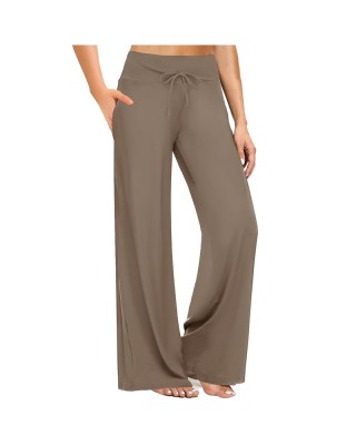 Summer new high-waisted drawstring straight sports pants loose yoga pants side pockets casual wide-legged pants