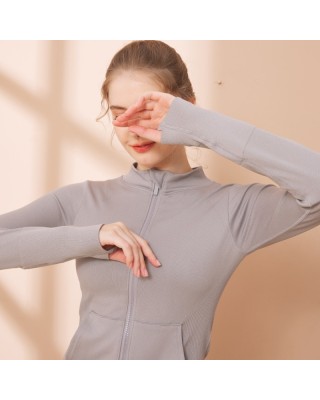 2025 Spring and Summer Seamless Yoga Wear Tops Long Sleeve Fashion Standing Collar Solid Color Slim Outdoor Sports Zipper Jacket Women